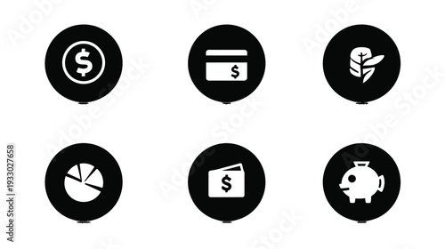 Business and Finance Icon Set: Money, Credit Card, Investment, Data Analysis, Wallet, and Piggy Bank. Modern Black and White Graphics.