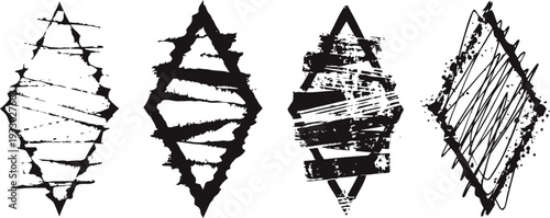 Abstract black diamond shapes with grunge textures, rough ink strokes and artistic distressed