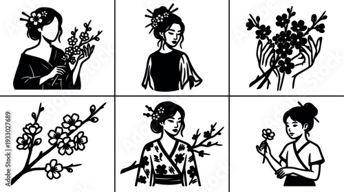Line art vector set of six japanese women and cherry blossom illustrations in black ink style elegant close up poses