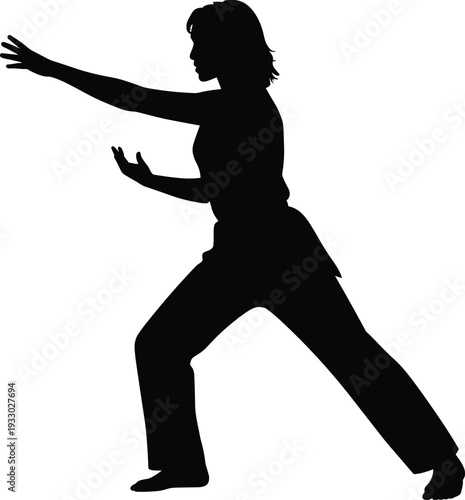 Woman practicing martial arts silhouette, dynamic fighting pose, self defense training concept, fitness action female figure vector isolated illustration