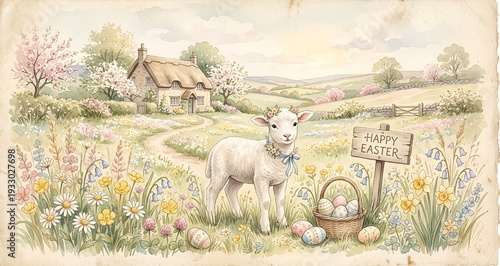 Vintage Easter Illustration with Lamb and Spring Flowers