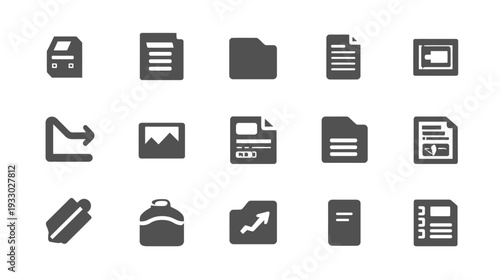 Minimalist dark grey vector icons set for business, office management, digital files, folders, documents, and user interface on white background.