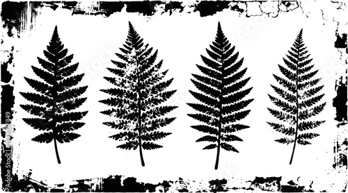 Four detailed black fern leaves silhouette arranged in a horizontal row on distressed textured background