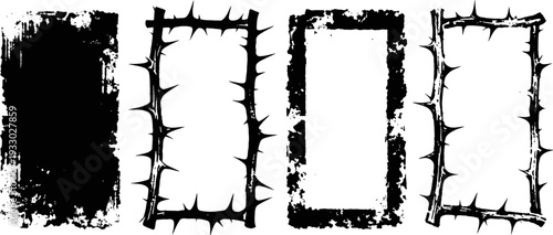 Grunge and thorn frame set four black rectangular rough border designs with sharp thorny vines