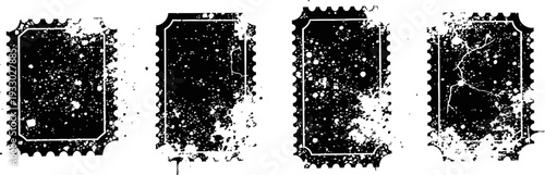Grunge distressed vintage frames with splatter effects in black, old textured rectangular borders