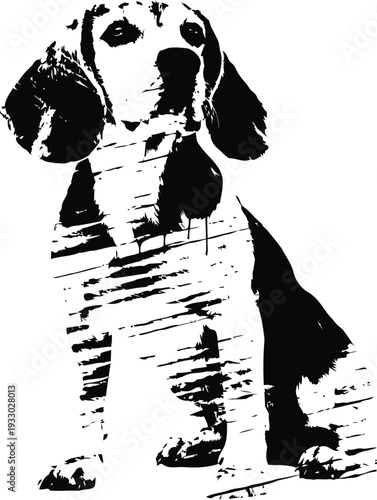 monochrome artistic illustration of a sitting beagle dog with textured shading and contrast