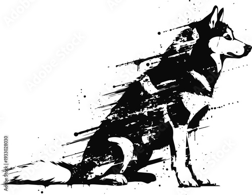 husky dog silhouette art with dynamic brush stroke effect in black and white