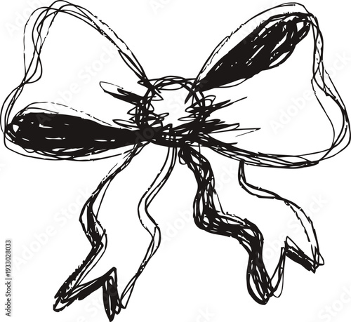 Hand drawn black ink bow illustration with loose, sketchy lines on white background