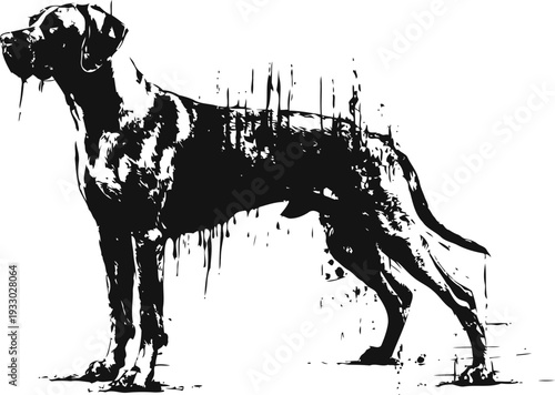 great dane dog silhouette with artistic ink splatter effect, black and white illustration