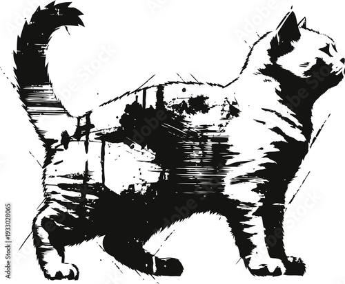 Black and white illustration of a tabby cat standing sideways with tail raised
