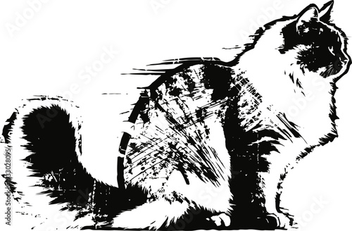 black and white artistic sketch of a sitting cat with detailed fur texture and bushy tail