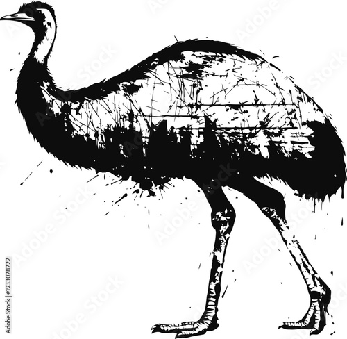 emu silhouette with textured black ink splatter effect on white background
