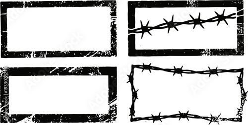 Grunge rectangular frames with rough edges and barbed wire elements, vintage distressed border designs