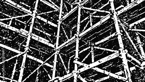 Black and white abstract pattern of metal scaffolding structure with intersecting beams