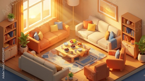 Wallpaper Mural 3D Isometric Stylized Living Room with Iftar Table and Sunset Light Torontodigital.ca