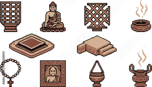 Pixel art Buddhist temple elements set with Buddha statue incense burner prayer beads and altar platforms