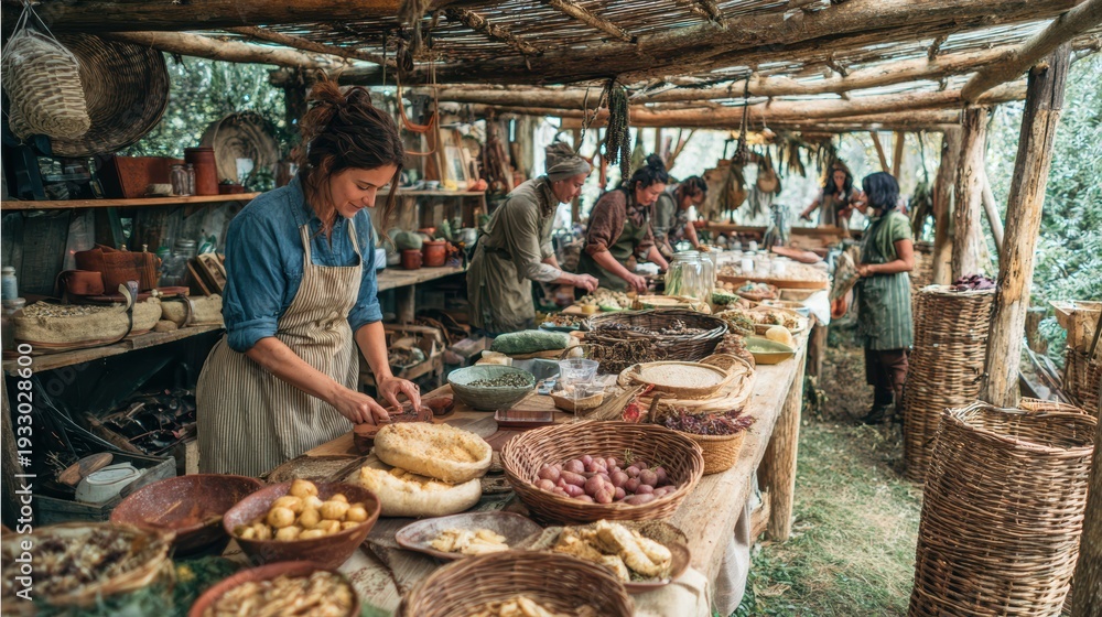 Obraz premium Artisan Woman Preparing Fresh Harvested Produce in Rustic Kitchen, Traditional Food Preparation, Natural Ingredients, Farm-to-Table Lifestyle.