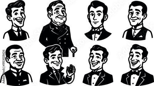 Retro cartoon mid century male portraits set eight smiling gentlemen in tux and suit close up vintage vector style collection