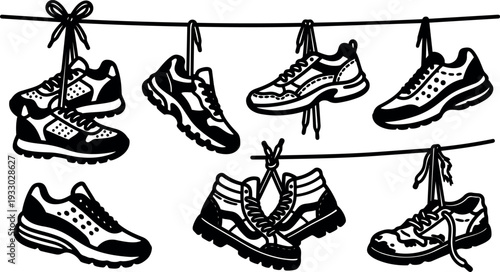 Line art overhead view of multiple sneakers hanging by laces on a wire in urban street silhouette bold black graphic