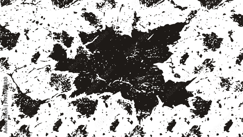 Obraz premium Grunge black maple leaf silhouette with distressed texture and scattered splatter spots