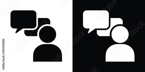 Vector silhouette icon of a person with dual speech bubbles. Minimalist communication, feedback, and customer support symbol in flat black and white styles for web and app interface design.