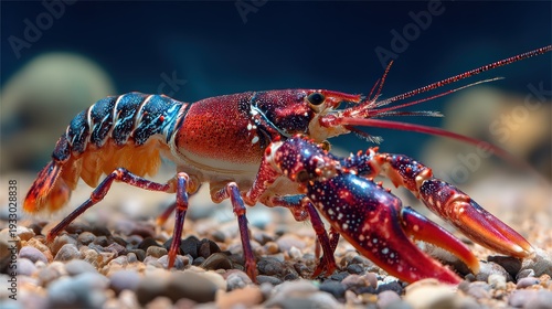 Detailed close-up of a vibrant red lobster crawling on a sandy seabed, showcasing its intricate shell and powerful claws.