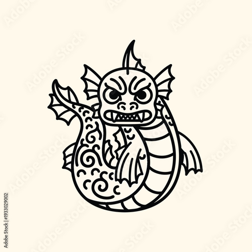 A black and white illustration of a mythological creature. It has a ferocious face with sharp teeth and fins. The background is cream-colored