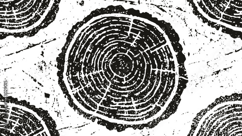 black and white tree rings pattern vintage wood texture with circular growth rings and natural cracks, rustic design element