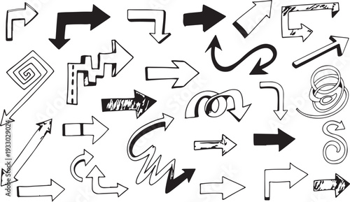A diverse set of hand-drawn arrows in various styles, including curly, straight, and zig-zag, presented in both chalkboard white and ink black versions.