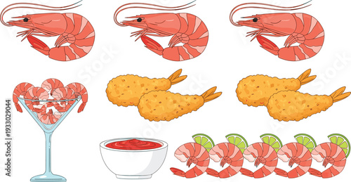Shrimp seafood collection fried prawns cocktail and sauce food vector illustration set