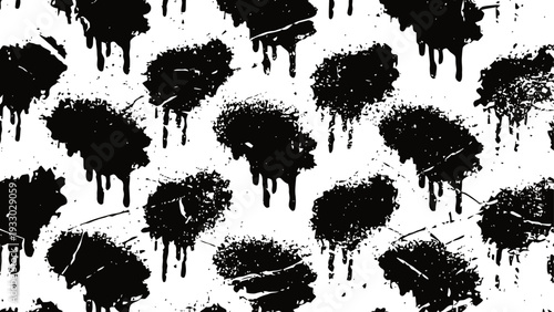 Black paint splatter pattern background abstract ink drops with drip effect on white surface