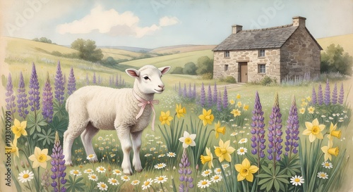 Vintage Illustration of Lamb in Spring Meadow