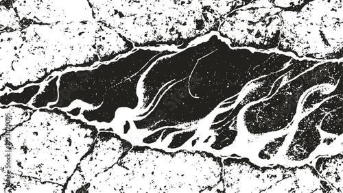 Cracked surface with abstract black and white texture resembling flowing lava patterns