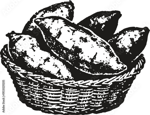 Basket of sweet potatoes in rustic woven basket, vintage hand drawn root vegetables illustration