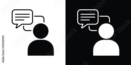 Vector silhouette icon of a person with dual speech bubbles. Minimalist communication, feedback, and customer support symbol in flat black and white styles for web and app interface design.