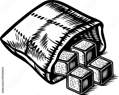 Sugar cubes spilling out of a cloth bag hand drawn vintage illustration of sweetener blocks