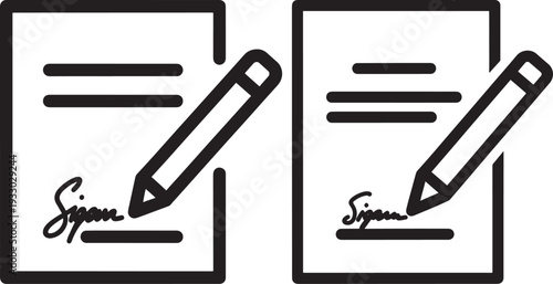 Vector icons of documents with pencils signing, symbolizing contract signing, agreement, or official documentation.