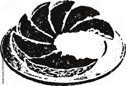 Black and white silhouette of sliced melon arranged on a plate in circular pattern