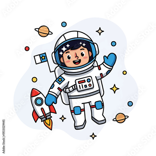 A cartoon astronaut floats in space with a rocket and flag. Stars and planets surround the kid character wearing a spacesuit, smiling