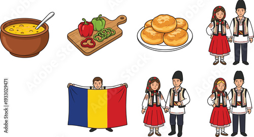 Romanian traditional culture illustration set featuring folk costumes, national flag, traditional food and cultural heritage elements in flat design style