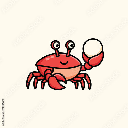 A cartoon crab with red body, claws, and legs. It has googly eyes and is holding a round object. Background is a light beige