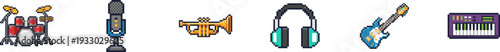Set of pixel art musical instruments and audio equipment icons.