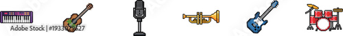 Set of pixel art musical instrument game icons on white background