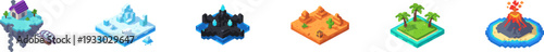 Isometric gaming icons of various biomes on white background.