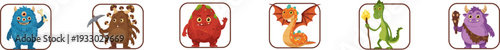 Set of colorful square monster avatar icons on white background