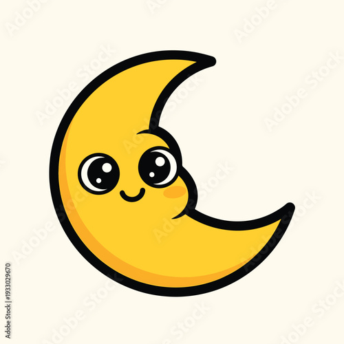 A cartoon crescent moon character with a smiley face and big eyes. The moon is yellow with a black outline and set against a cream background