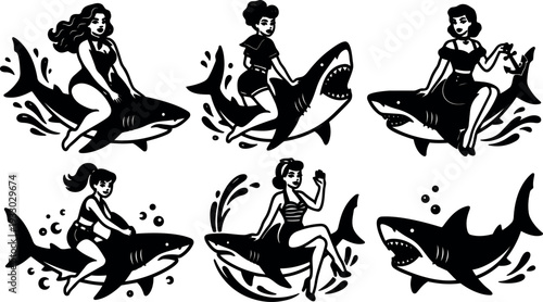 Tattoo flash pinup women riding sharks vintage style vector art seaside pinup girls sitting and waving dynamic splash black white