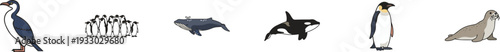 Collection of polar and marine animal icons on white background.
