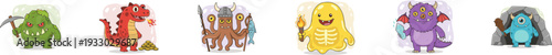 Set of colorful cartoon monster characters on white background