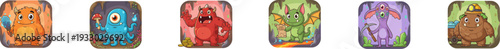 Collection of colorful square monster and dragon character icons